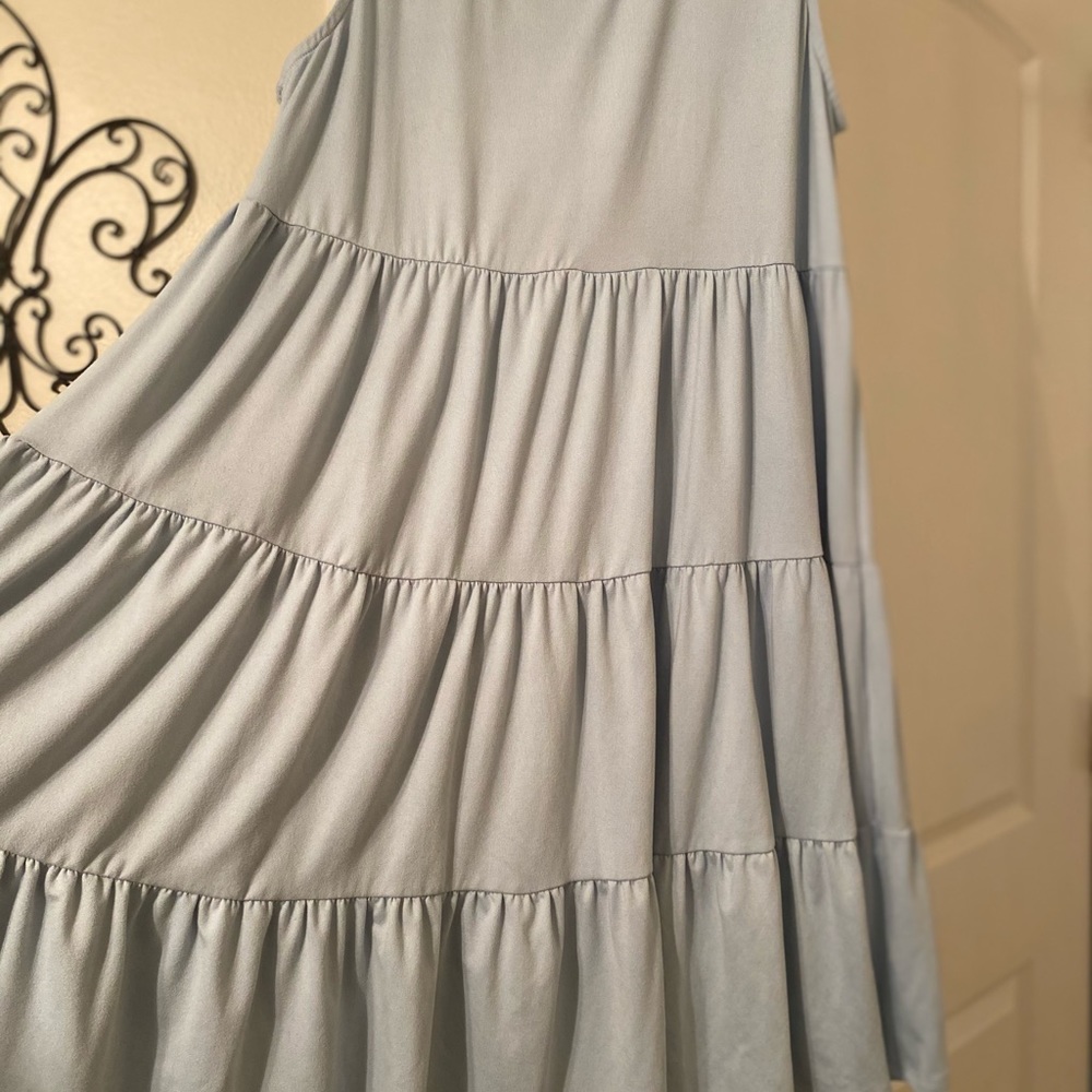 Light Blue Soft Knit Pleated Tiered Sleeveless Maternity Dress - Picture 3 of 3